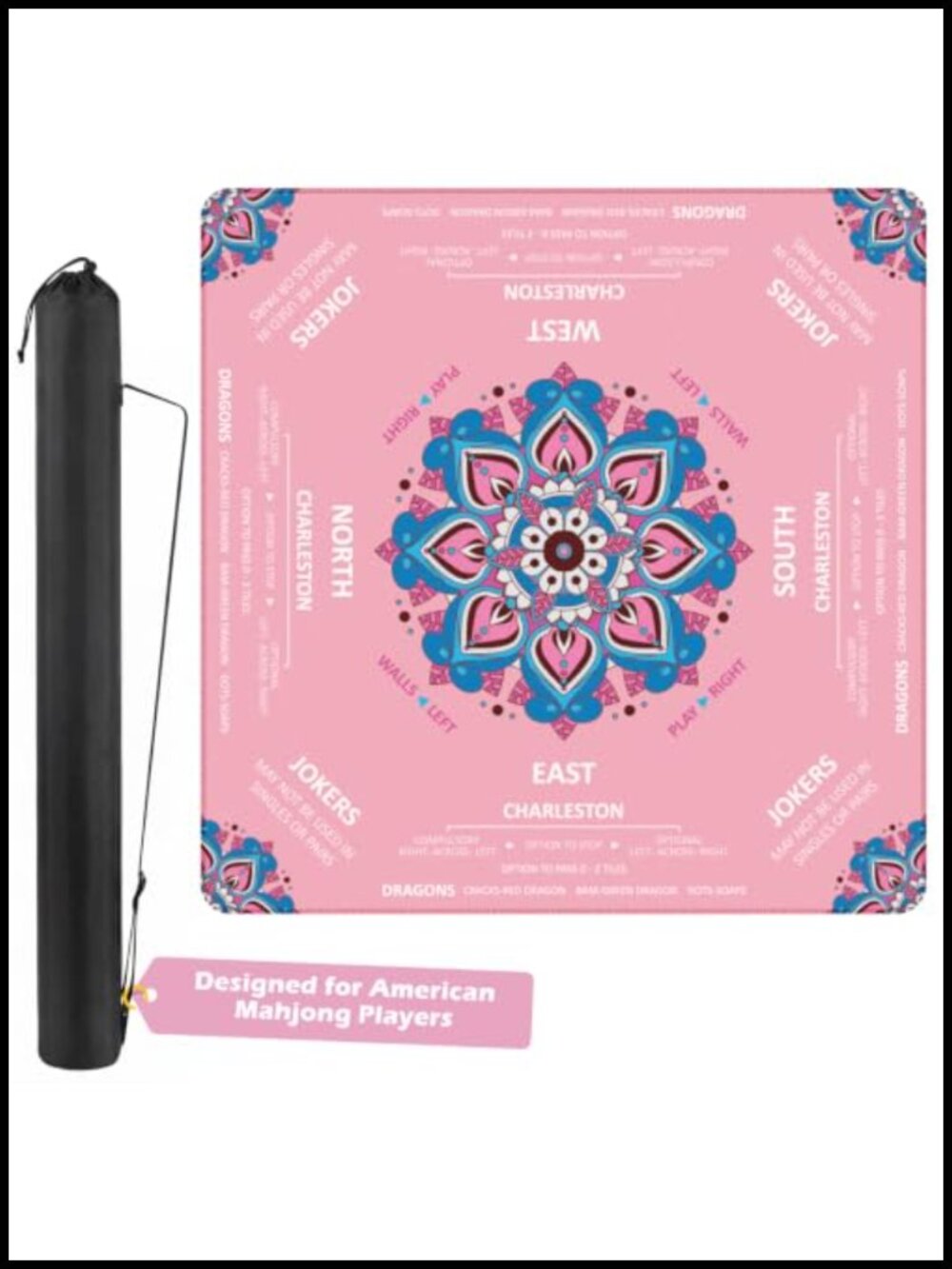 American Mahjong Mat with Rules, Mandala Floral Pink Pad, Rubber Backing